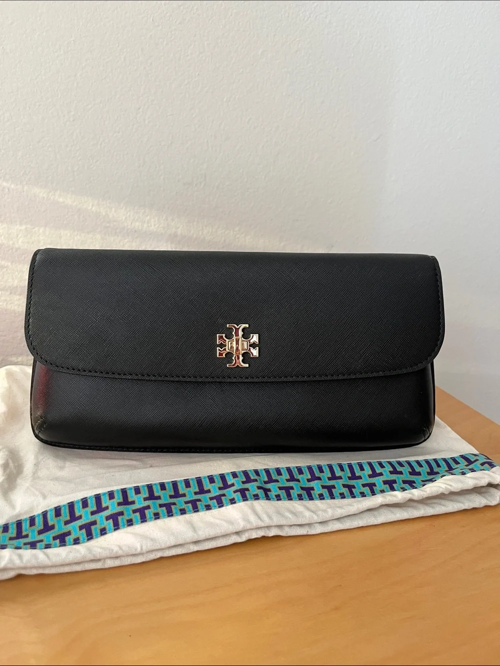 Tory Burch Black Leather Flap Clutch with Gold Logo